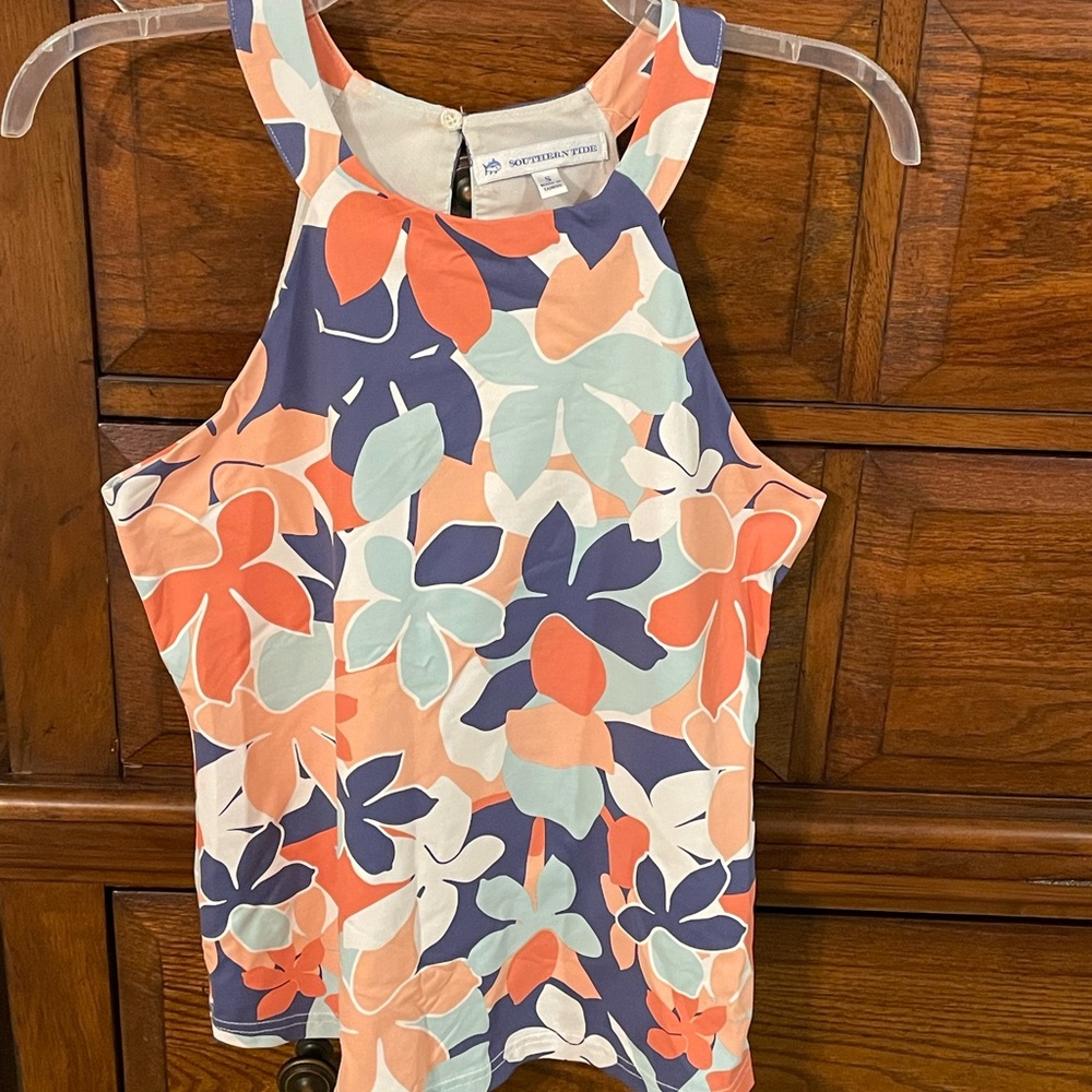 Southern Tide Coral, Navy & Mint Floral High-Neck Tank
